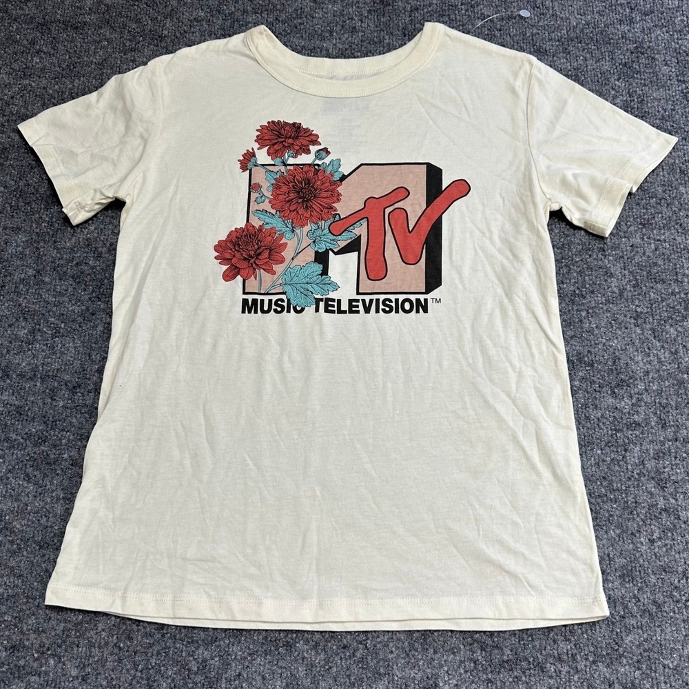MTV T-Shirt Womens Size XS Ivory Floral Graphic Logo Music Television Tee